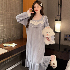 批发M-5XL 6535提花睡衣女春秋季甜美<b class='q'>公主</b>风长袖中长<b class='q'>睡裙</b>加大码家居服