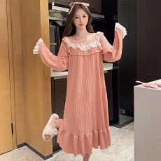 批发M-5XL 6535提花睡衣女春秋季甜美<b class='q'>公主</b>风长袖中长<b class='q'>睡裙</b>加大码家居服