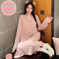 批发M-5XL莫代尔睡衣女<b class='q'>春</b>秋季甜美带胸垫长袖中长睡裙加大码家居服