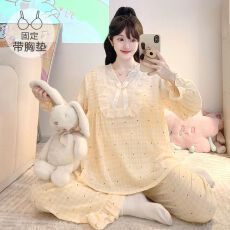 批发M-5XL云朵棉睡衣女春秋季甜美公主风带胸垫长袖长裤加大码家居服