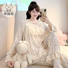 批发M-5XL云朵棉睡衣女春秋季甜美公主风带胸垫长袖长裤加大码家居服