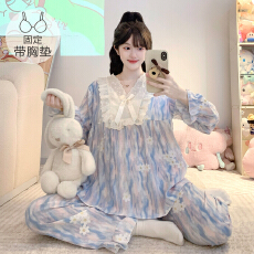 批发M-5XL云朵棉睡衣女春秋季甜美公主风带胸垫长袖长裤加大码家居服