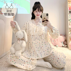 批发M-5XL云朵棉睡衣女春秋季甜美公主风带胸垫长袖长裤加大码家居服