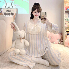 批发M-5XL云朵棉睡衣女春秋季甜美公主风带胸垫长袖长裤加大码家居服