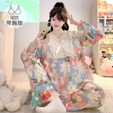 批发M-5XL云朵棉睡衣女春秋季甜美公主风带胸垫长袖长裤加大码家居服