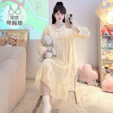 批发M-5XL云朵棉睡衣女春<b class='q'>秋</b>甜美公主风带胸垫睡裙宽松加大码家居服