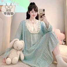 批发M-5XL云朵棉睡衣女春<b class='q'>秋</b>甜美公主风带胸垫睡裙宽松加大码家居服