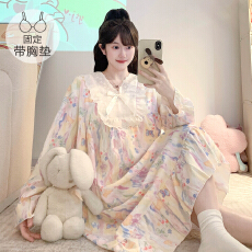 批发M-5XL云朵棉睡衣女春<b class='q'>秋</b>甜美公主风带胸垫睡裙宽松加大码家居服
