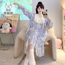 批发M-5XL云朵棉睡衣女春<b class='q'>秋</b>甜美公主风带胸垫睡裙宽松加大码家居服