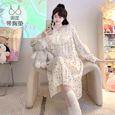 批发M-5XL云朵棉睡衣女春<b class='q'>秋</b>甜美公主风带胸垫睡裙宽松加大码家居服