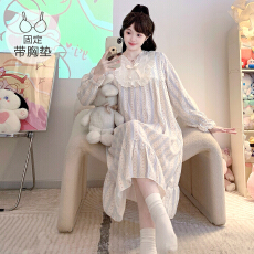 批发M-5XL云朵棉睡衣女春<b class='q'>秋</b>甜美公主风带胸垫睡裙宽松加大码家居服
