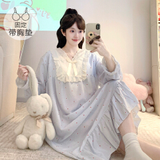 批发M-5XL云朵棉睡衣女春<b class='q'>秋</b>甜美公主风带胸垫睡裙宽松加大码家居服