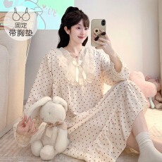 批发M-5XL云朵棉睡衣女春<b class='q'>秋</b>甜美公主风带胸垫睡裙宽松加大码家居服