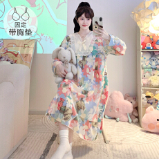 批发M-5XL云朵棉睡衣女春<b class='q'>秋</b>甜美公主风带胸垫睡裙宽松加大码家居服