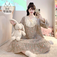 批发M-5XL云朵棉睡衣女春<b class='q'>秋</b>甜美公主风带胸垫睡裙宽松加大码家居服