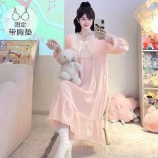 批发M-5XL云朵棉睡衣女春秋<b class='q'>甜美</b>公主风带胸垫睡裙宽松大码220斤家居服