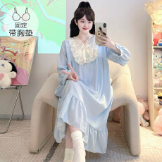 批发M-5XL云朵棉睡衣女春秋<b class='q'>甜美</b>公主风带胸垫睡裙宽松大码220斤家居服