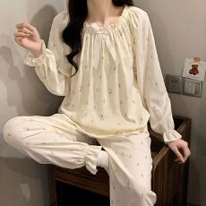 批发M-5XL睡衣女秋季新款云朵棉长袖印花套装宽松大码220斤可穿家居服