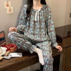 批发M-5XL睡衣女秋季新款云朵棉长袖印花套装宽松大码220斤可穿家居服
