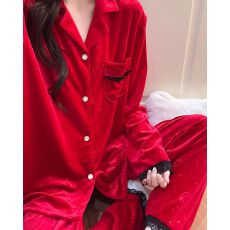 批发秋冬季新款睡衣<b class='q'>女</b><b class='q'>金丝</b>绒长袖开衫蕾丝翻领甜美家居服套装