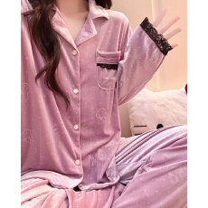 批发秋冬季新款睡衣<b class='q'>女</b><b class='q'>金丝</b>绒长袖开衫蕾丝翻领甜美家居服套装