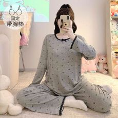 批发M-5XL<b class='q'>莫代尔</b><b class='q'>睡衣</b>女春秋季长袖长裤带固定胸垫加肥大码220斤家居服