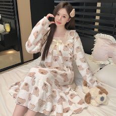 批发M-5XL睡衣女冬季新款法兰绒印花睡裙宽松加肥大码220斤可穿家居服