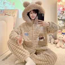 M-5XL睡衣女冬季新款美妃绒开衫连帽套装宽松大码220斤可穿家居服
