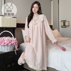 批发M-5XL云朵棉睡衣女<b class='q'>睡裙</b>甜美<b class='q'>公主</b>风带固定胸垫宽松加肥220斤家居服