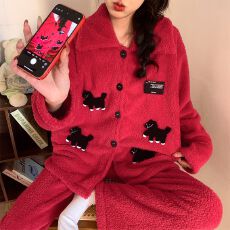 批发冬季新款睡衣女喜庆大红色半边绒开衫翻领<b class='q'>家居服</b>套装可外穿