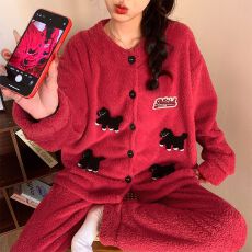 批发冬季新款睡衣女喜庆大红色半边绒开衫圆领<b class='q'>家居服</b>套装可外穿