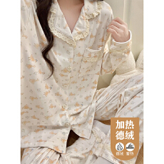 批发睡衣女秋冬季新款德绒开衫翻领印花长袖套装韩版宽松休闲家居服