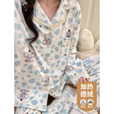 批发睡衣女秋冬季新款德绒开衫翻领印花长袖套装韩版宽松休闲家居服