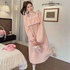 批发M-5XL长毛绒睡衣女秋冬甜美<b class='q'>公主</b>风长袖中长<b class='q'>睡裙</b>加大码胖MM家居服