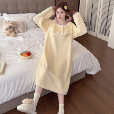 批发M-5XL长毛绒睡衣女秋冬甜美<b class='q'>公主</b>风长袖中长<b class='q'>睡裙</b>加大码胖MM家居服