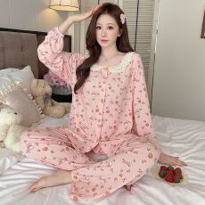 批发M-5XL莱赛尔睡衣女春秋甜美风<b class='q'>开衫</b><b class='q'>长袖</b>长裤加大码220斤胖MM家居服