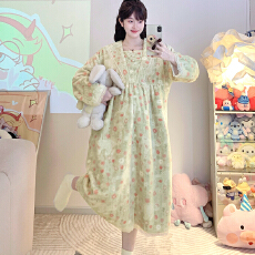 批发M-5XL 法兰绒260克睡衣女<b class='q'>冬</b>季睡裙长袖休闲裙加肥大码240斤家居服