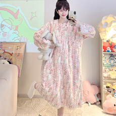 批发M-5XL 法兰绒260克睡衣女<b class='q'>冬</b>季睡裙长袖休闲裙加肥大码240斤家居服