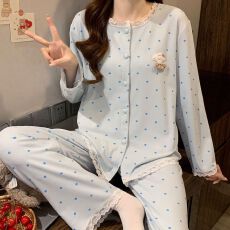 M-5XL 德绒印花230克睡衣女春秋季开衫长袖长裤加大码胖MM家居服