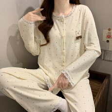 M-5XL 德绒印花230克睡衣女春秋季开衫长袖长裤加大码胖MM家居服