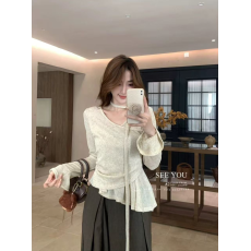 批发寄语古早美女穿搭韩系通勤百搭喇叭袖裙摆飘带<b class='q'>小衫</b>