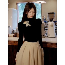 批发法式名媛蕾丝刺绣拼接半高领长袖上衣