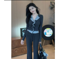 秋冬撞色木耳边假两件长袖T新款显瘦打底上衣