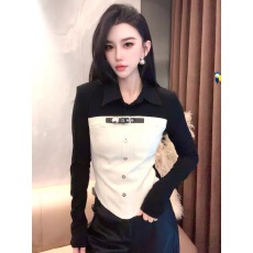 批发欧货翻领拼色假两件<b class='q'>小衫</b>女设计感修身显瘦长袖T恤