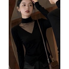 批发设计感前后网纱<b class='q'>V领</b>拼接长袖磨毛上衣