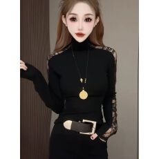 批发韩系半高领<b class='q'>蕾丝</b>拼接长袖T恤女设计感镂空<b class='q'>打底衫</b>