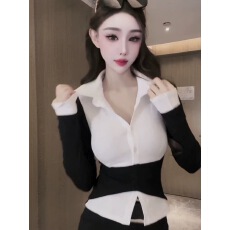 批发撞色拼接假两件收腰衬衫女2025秋冬新款修身设计感上衣