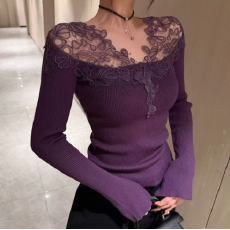 批发秋冬新款时尚百搭设计感3D蕾丝拼接性感针织上衣女
