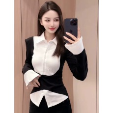 批发纯欲PoIo领假两件拼接<b class='q'>长袖</b><b class='q'>衬衫</b>女修身内搭打底上衣