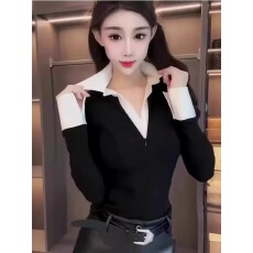 批发韩系拼色<b class='q'>假两件</b>长袖<b class='q'>衬衫</b>女修身内搭上衣